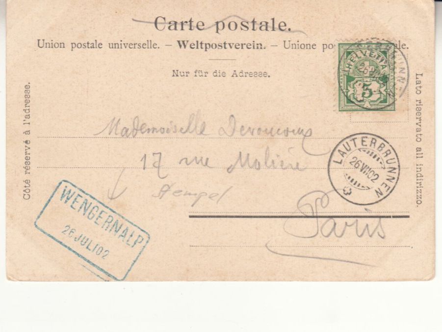 Cartoline postali: Kleine Scheidegg 1902 mit Bahnstempel Wengernalp – Usato da Bürglen TG venduto da StampGraf 1