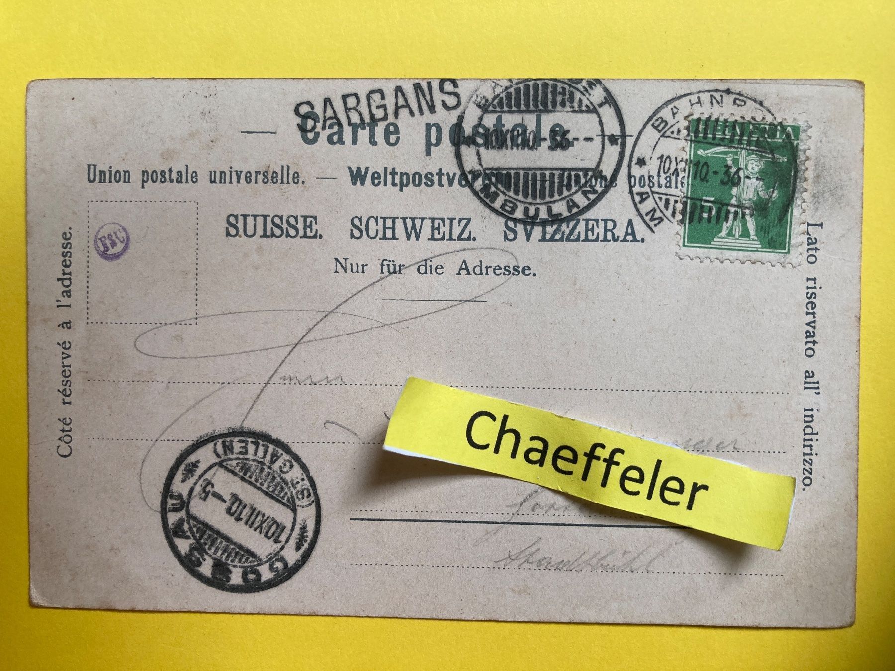 Cartoline postali: 1910 Gruss aus Sargans – Usato da Zürich venduto da Chaeffeler 1