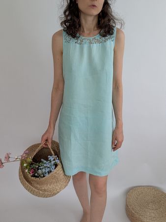 Leinenkleid türkis mit Spitze, Grösse S, Sommer Look!