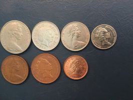 7 Australische Münzen 20 / 2x10 / 5 / 2x2 / 1 Pence