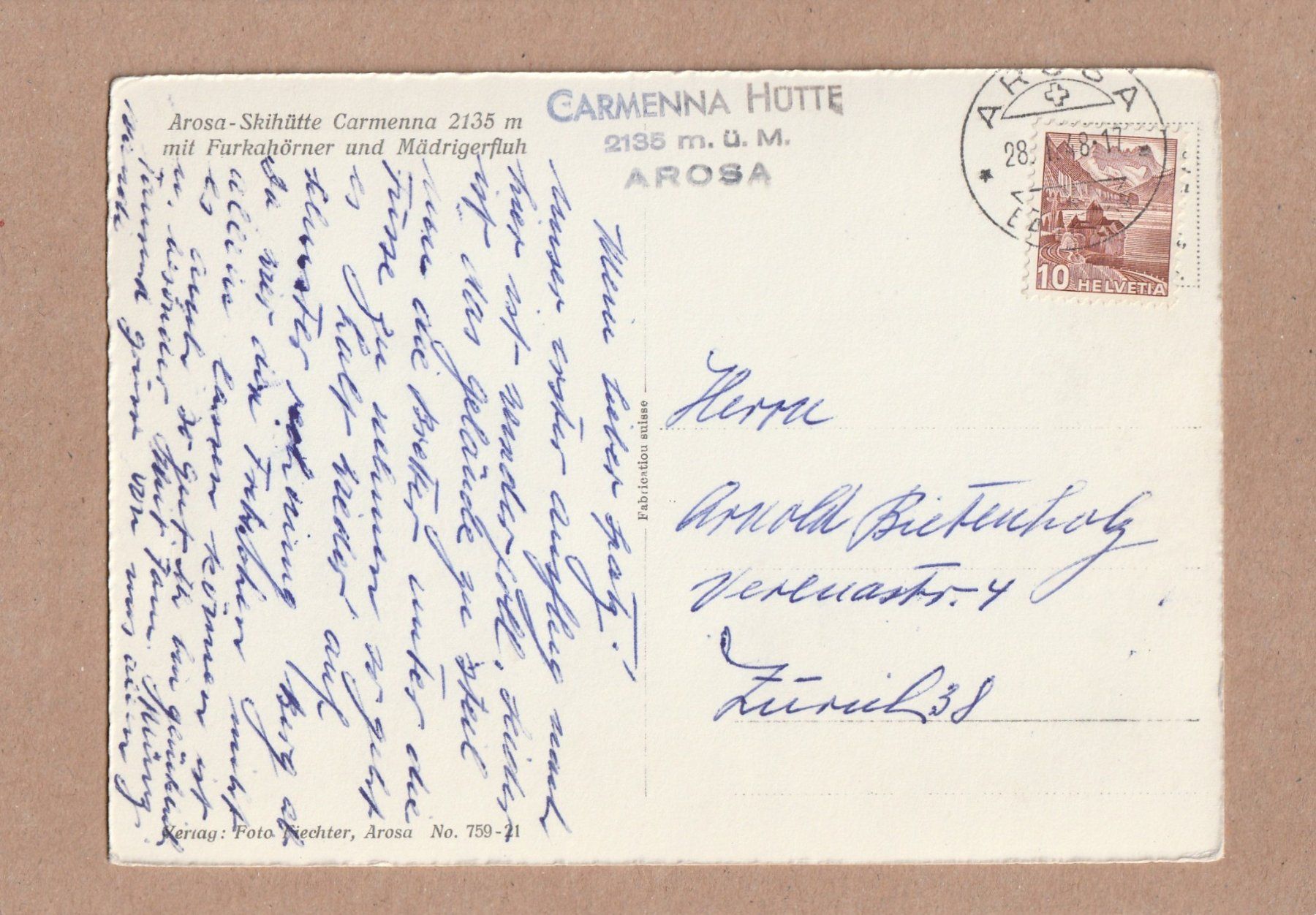 Cartoline postali: Ansichtskarte Arosa Carmenna Hütte – Usato da Würenlingen venduto da wetroki 1