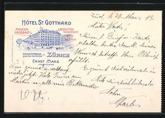 Ansichtskarten: Litho Zürich, Hotel St. Gotthard Ernst  – Gebraucht aus Berlin von bartko-reher