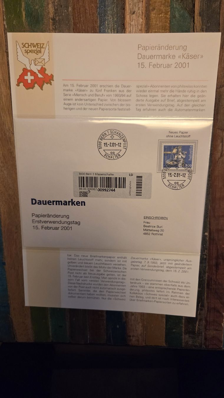 Tous les timbres: 2001 FDC Papieränderung Käser – D'occasion à Arni AG par Moth68