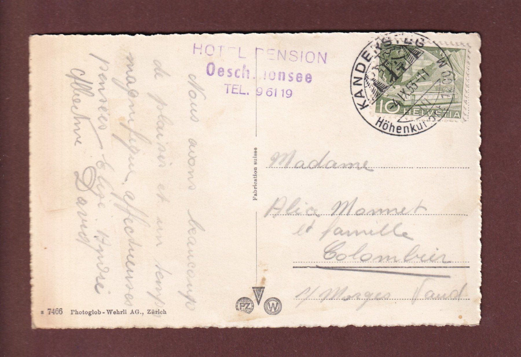 Cartoline postali: Sesselbahn KANDERSTEG-OESCHINENSEE - 1953 – Usato da Pully venduto da nicecards 1