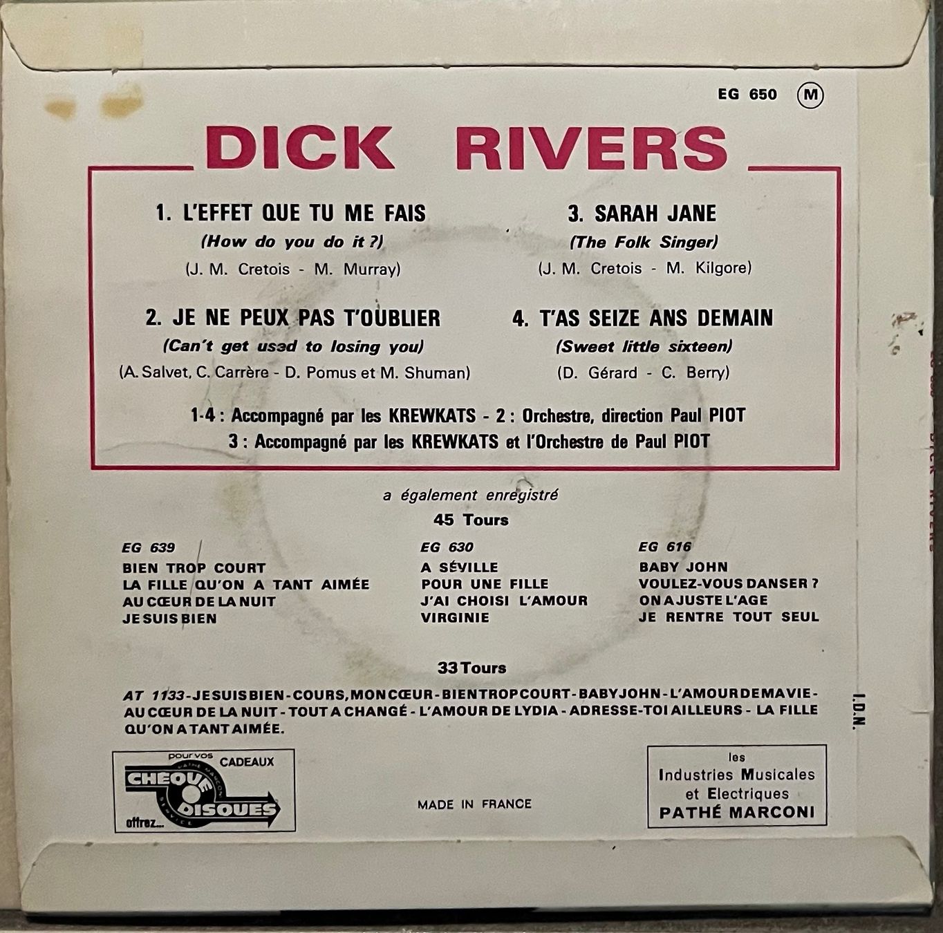 Schallplatten: DICK RIVERS - L'EFFET QUE TU ME FAIS – Gebraucht aus Bussigny von vinyl-pas-cher 1