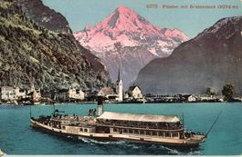 Antike Postkarte coloriert: Flüelen mit Bristenstock