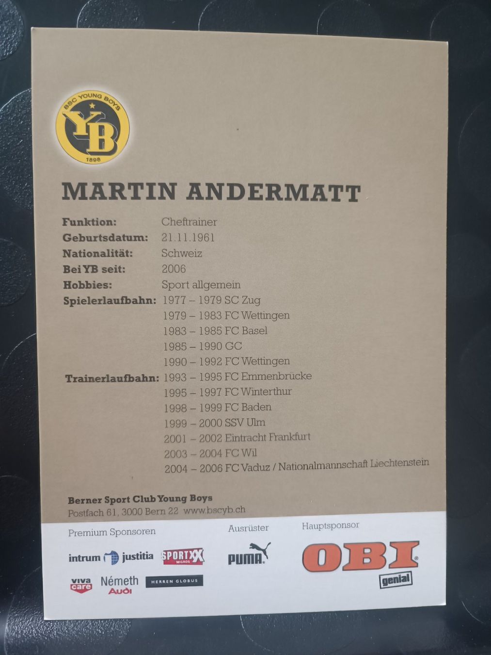 Autografi: Martin Andermatt - YB Bern - handsignierte Karte – Usato da Menziken venduto da Artographs 1