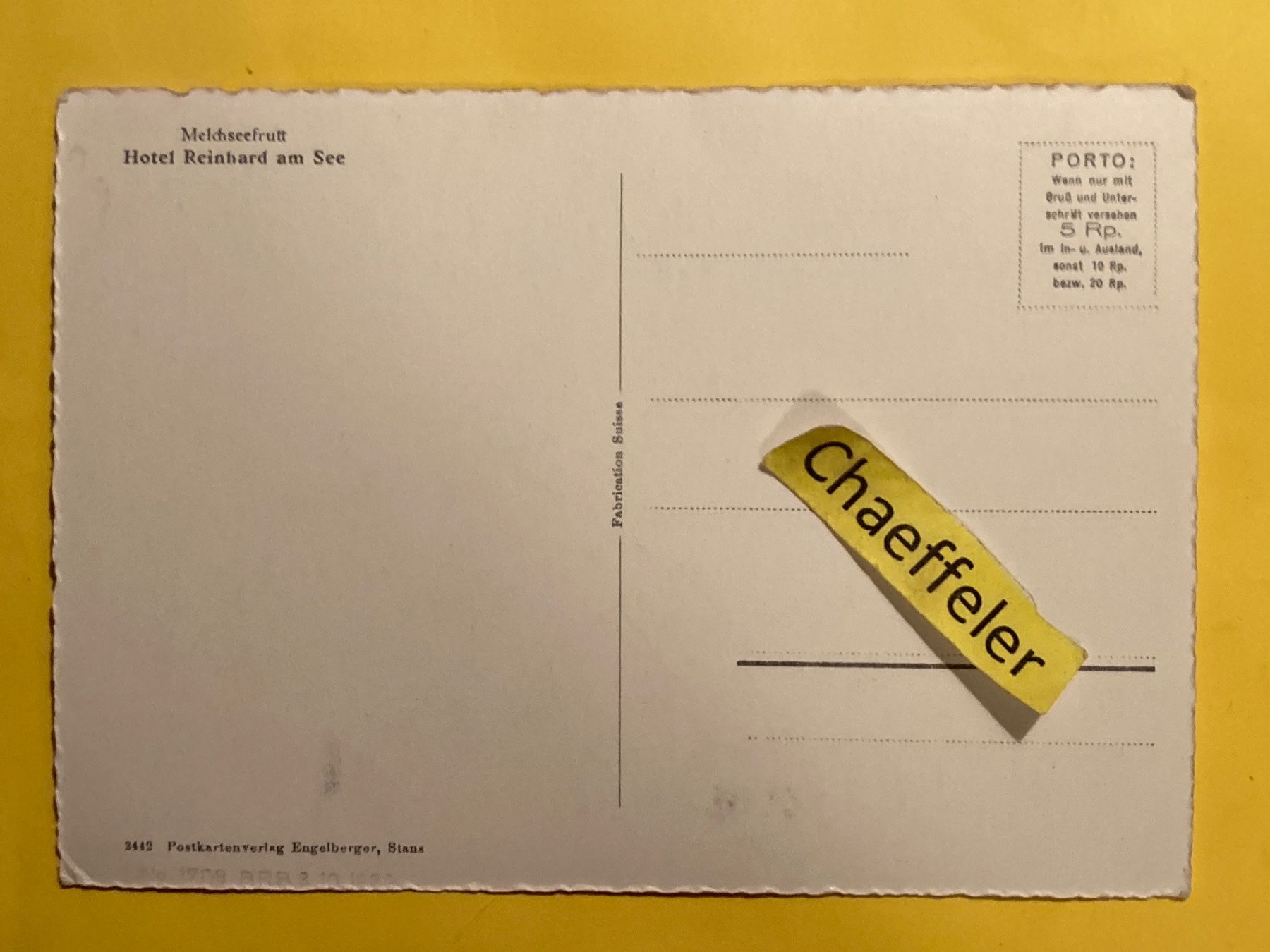 Cartoline postali: Melchseefrutt, Hotel Reinhard am See – Usato da Zürich venduto da Chaeffeler 1