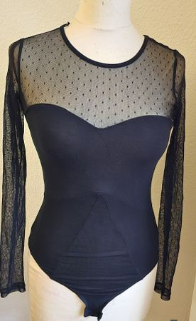 Body noir manches longues, tulle à pois - Taille XS stretch