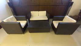 Rattan-2er Lounge Schwarz inkl. 2 Sessel & Glas Tisch 