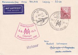 Messesonderflug BALAIR Leipzig - Zürich 1961, nur 80 Stk. !