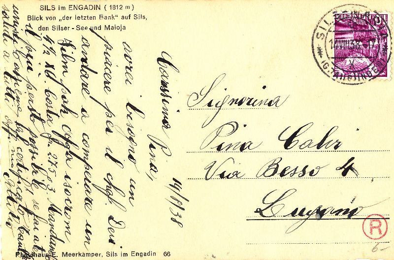 Cartoline postali: Sils Engadin + 1938 – Usato da Emmenbrücke venduto da teestube 1