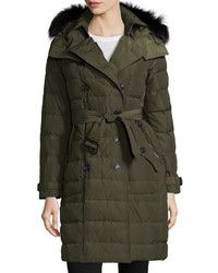 Burberry Daunenmantel Khaki mit Pelz, Grösse 36