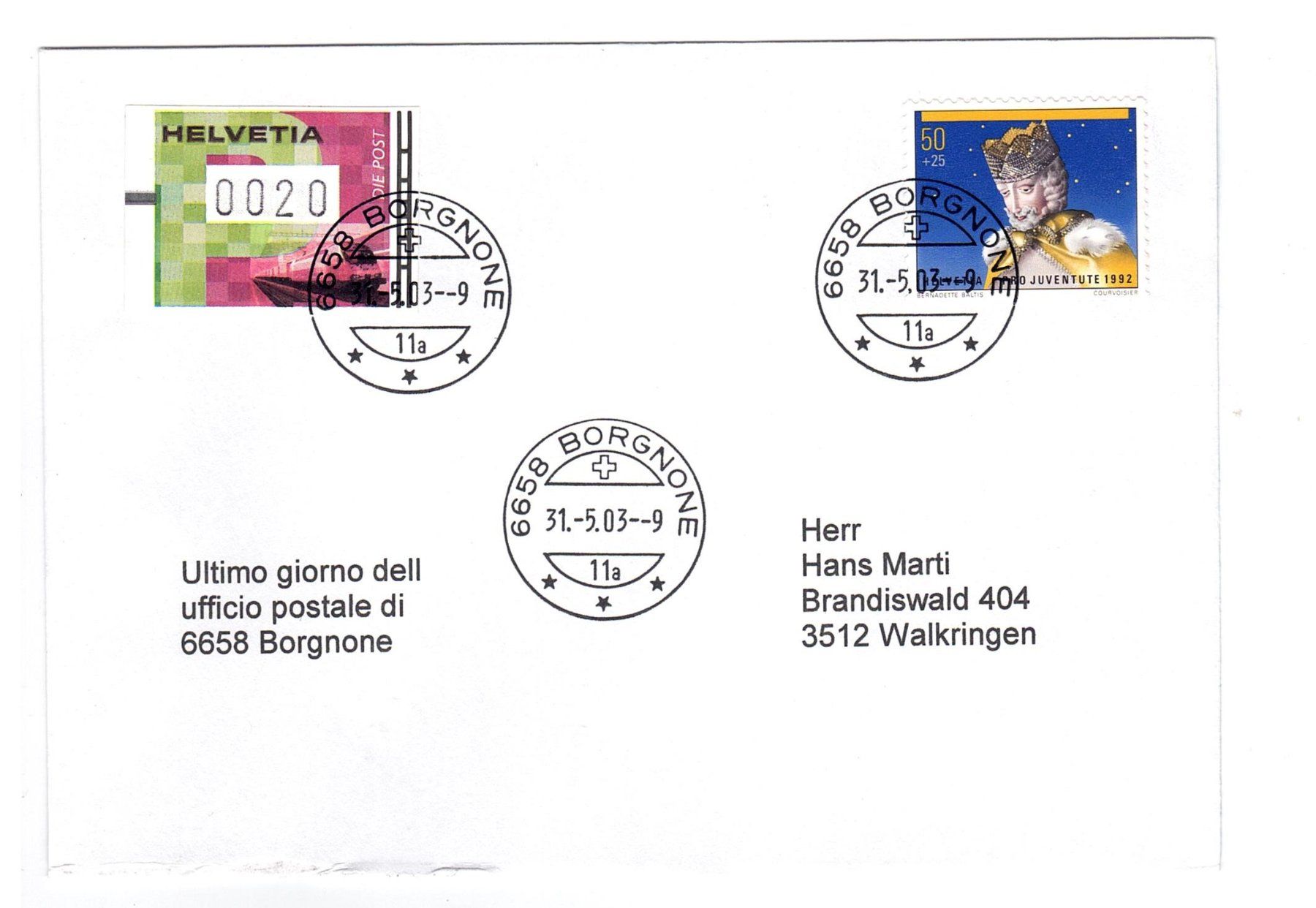 Tous les timbres: Letztagsbrief:  Poststelle 6658 BORGNONE – D'occasion à Büetigen par philat