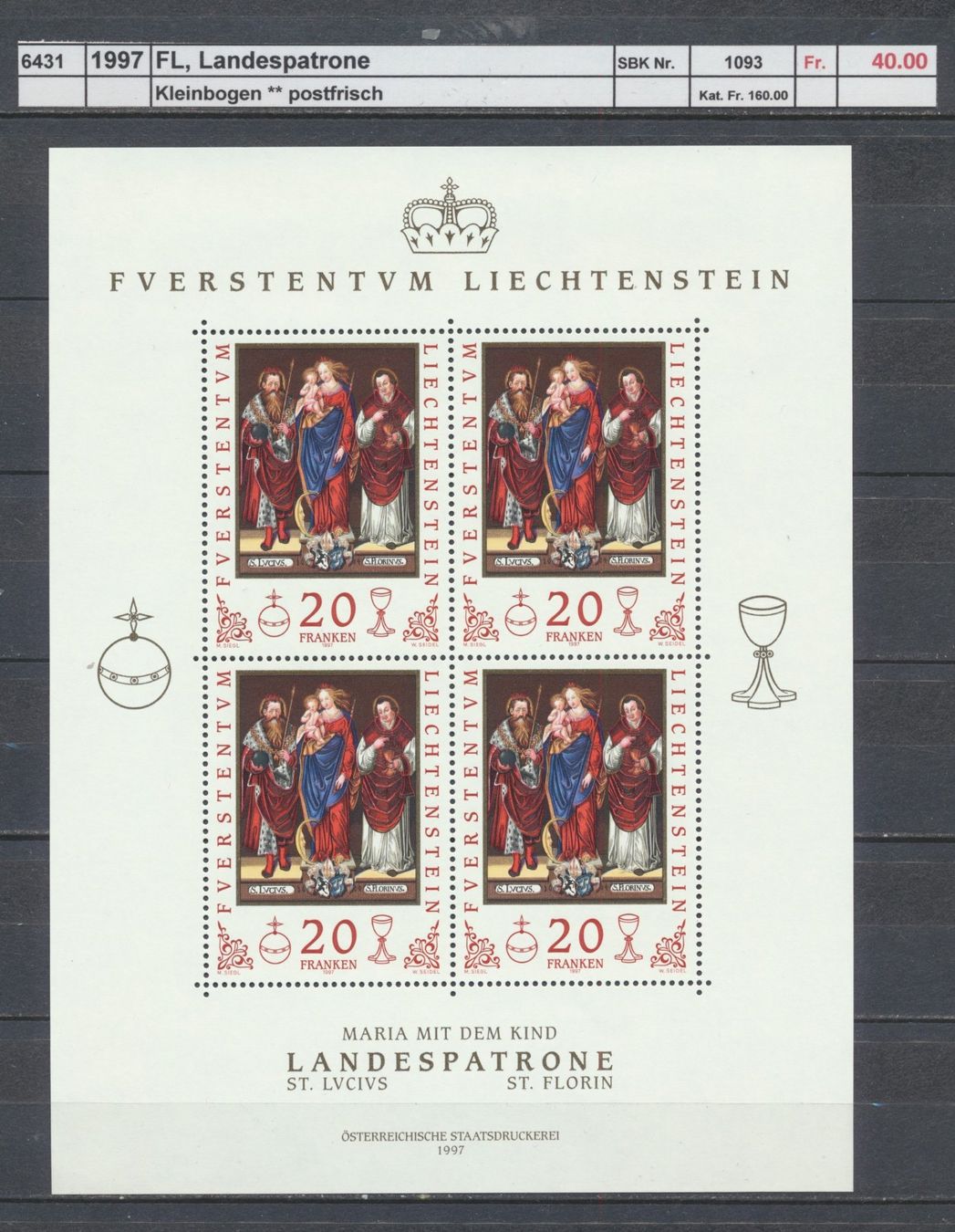 Tutti i francobolli: 1997 FL, "Landespatrone"- Kleinbogen, ** postfrisch – Nuovo (secondo la descrizione) da Winterthur venduto da Zupogeru