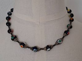 Kette mit Millefiori Glasperlen schwarz  Vintage