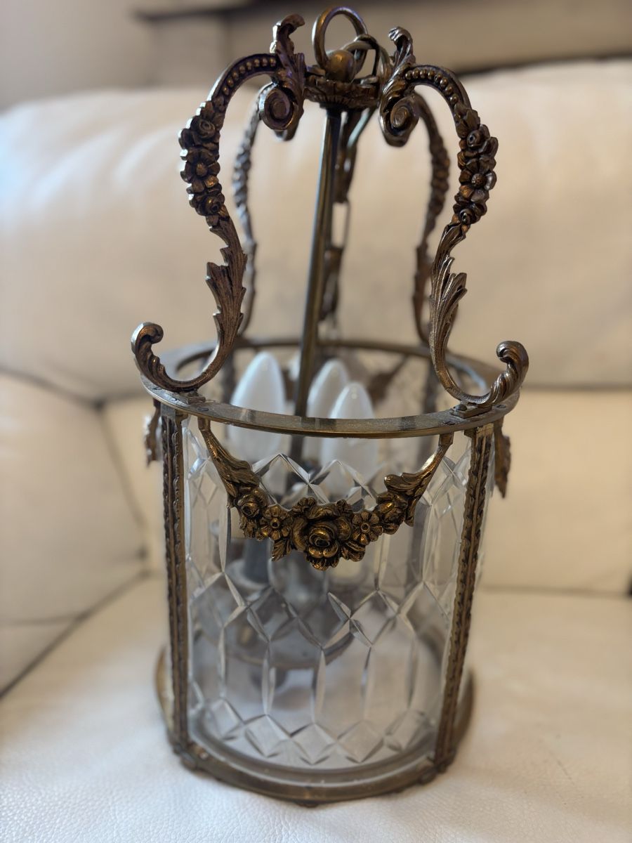 Lustre Ancien En Bronze Et Verre - Plafonnier Rétro Sans Marque - Déco Vintage