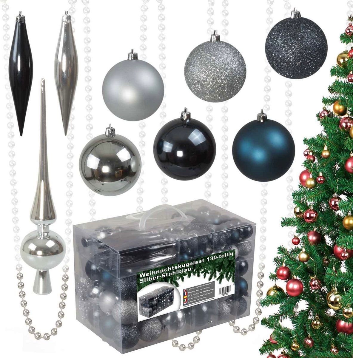 Tutte le decorazioni: Riesen Weihnachtskugelset 130 tlg Silber/Stahlblau – Nuovo e nell'imballaggio originale da Basel venduto da Seifehuesli