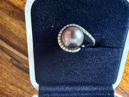 Ring 18K Weissgold matt Tahiti Perle Diamanten Gr. 54