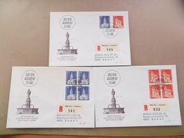 3 gelauf. R-Briefe FDC Baudenkmäler Einzel/Viererblocks 1966