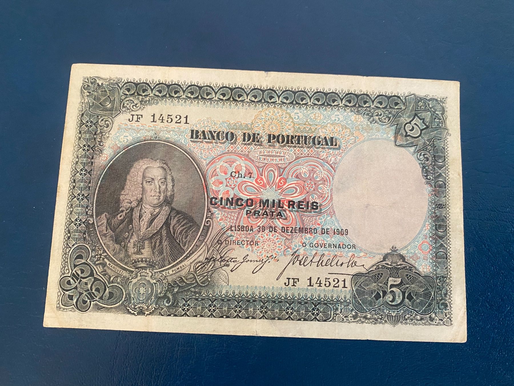 Banknoten: 5000 Reis 1909 Rarität – Gebraucht aus Dällikon von Woldbanknoten