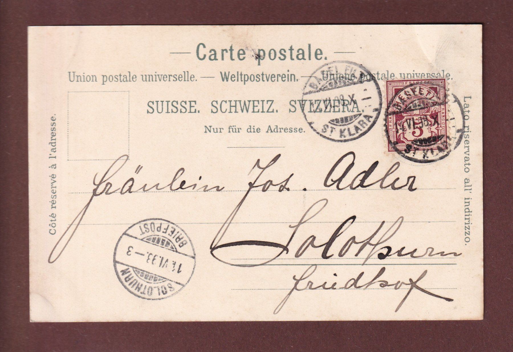 Cartoline postali: BASEL - Barfüsserkirche 1846 - 1898 – Usato da Pully venduto da nicecards 1