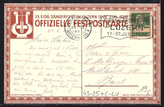 Cartoline postali: Luzern, 23. Eidg. Sängerfest 1922, Fest – Usato da Berlin venduto da bartko-reher 1