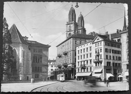 Zürich mit Tram/ Musik Hug, Grossmünster, ca. 1940
