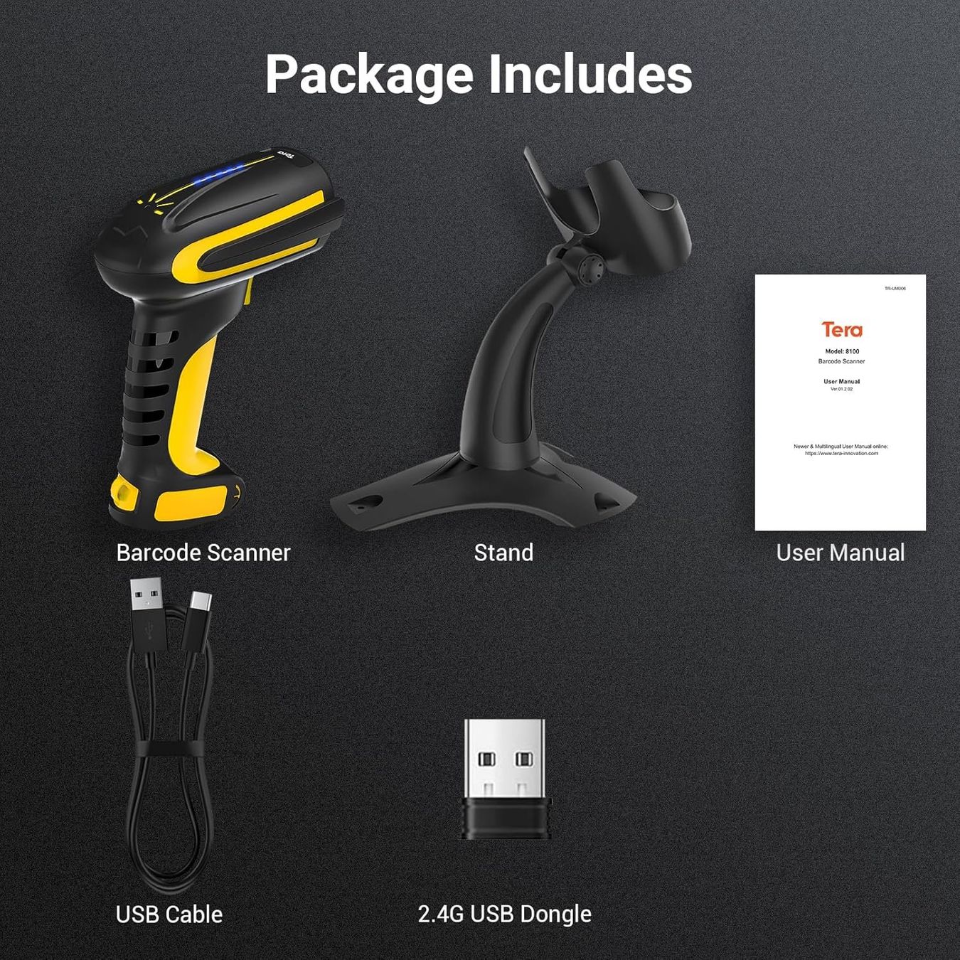 Scanner: Tera 2D QR Barcode Scanner kabellos 8100 Gelb mit Ständer – Nuovo e nell'imballaggio originale da Suhr venduto da SchnapperCH 6