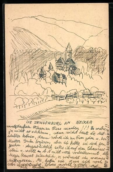 Ansichtskarten: Handgemalt: Zwingenberg am Neckar, Ortsa – Gebraucht aus Berlin von bartko-reher