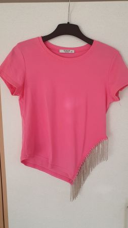 Tshirt rose détails franges argentées taille M
