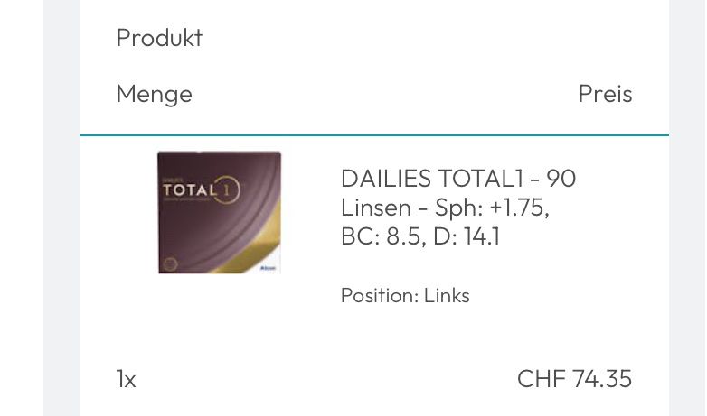 Lenti a contatto: Dailies Total 1, 85 Linsen, +1.75, Neu! – Nuovo (secondo la descrizione) da Münsingen venduto da Tesjc 1