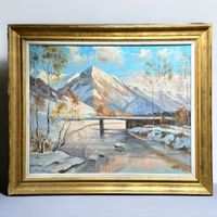 C. VARO Paysage de montagne Peinture à l'huile sur pavatex