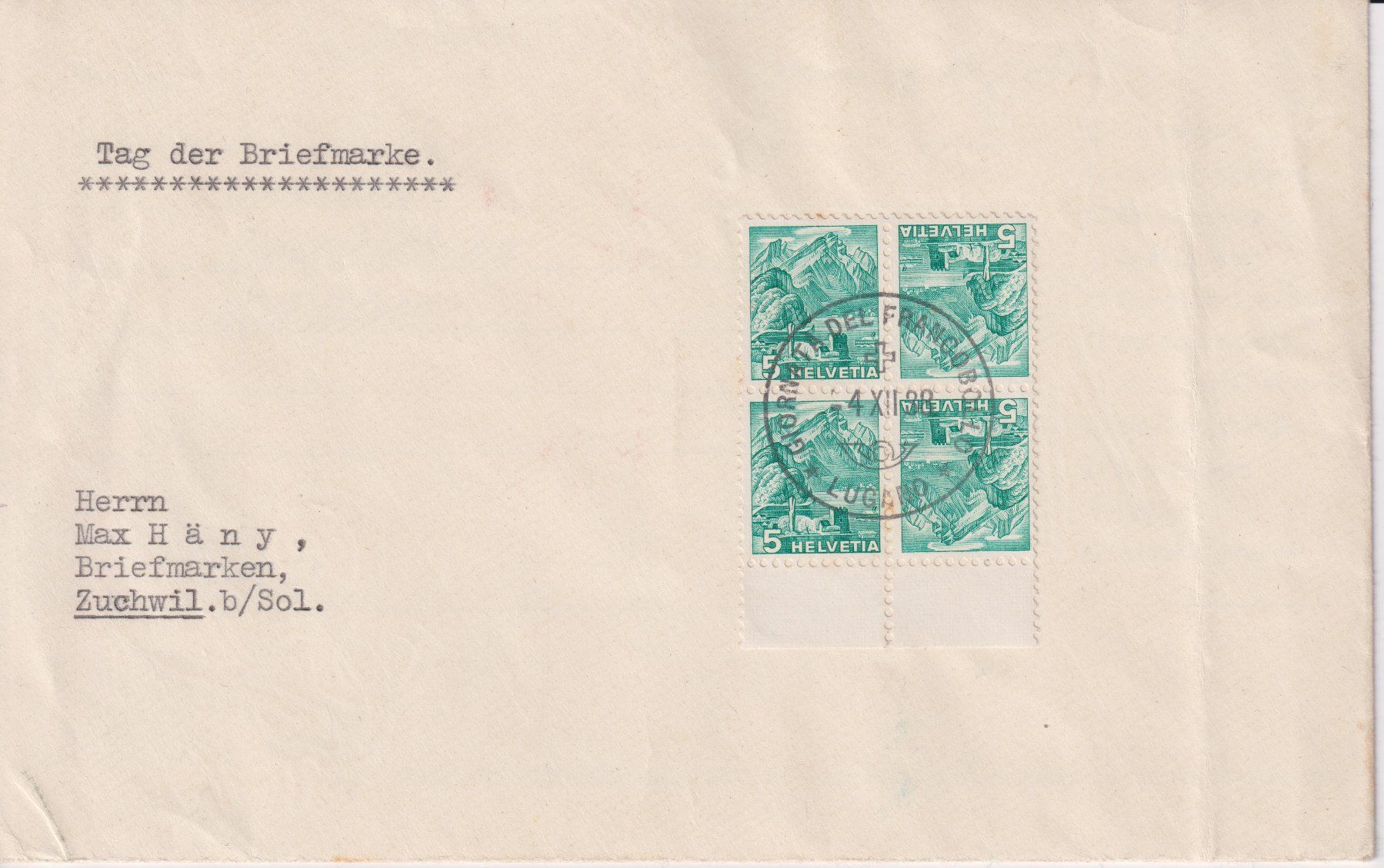 Alle Briefmarken: Tag der Briefmarke Lugano 1938 – Gebraucht aus Bellach von qsearch