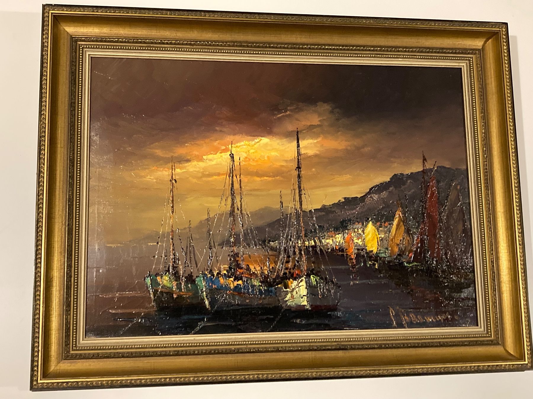 Gemälde: Landschaftsgemälde signiert mit Abendstimmung an Küste, Boot – Gebraucht aus Hirzel von pjn_d7xp