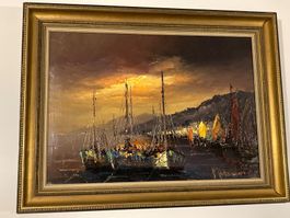 Landschaftsgemälde signiert mit Abendstimmung an Küste, Boot