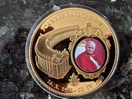 Medaille Johannes Paul II. 110 g Ø 70 mm vergoldet Farbdruck