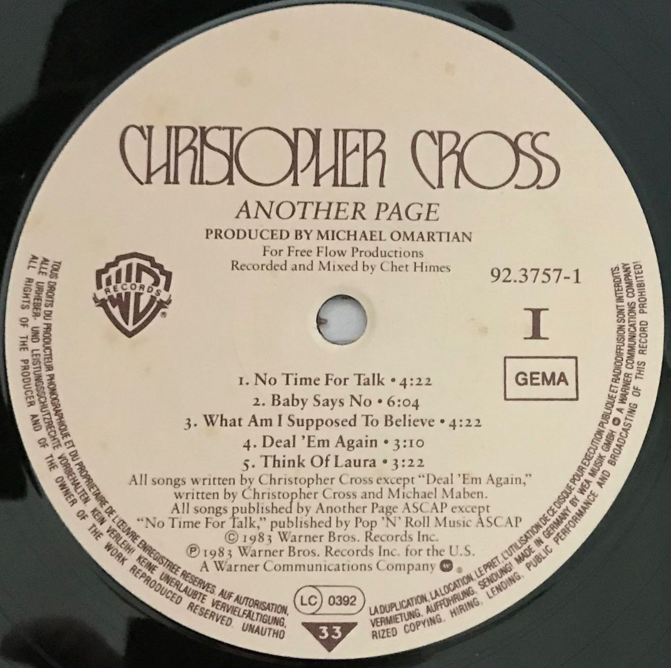 Dischi in vinile: CRISTOPHER CROSS - ANOTHER PAGE - 33 Tours – Usato da Bussigny venduto da vinyl-pas-cher 2