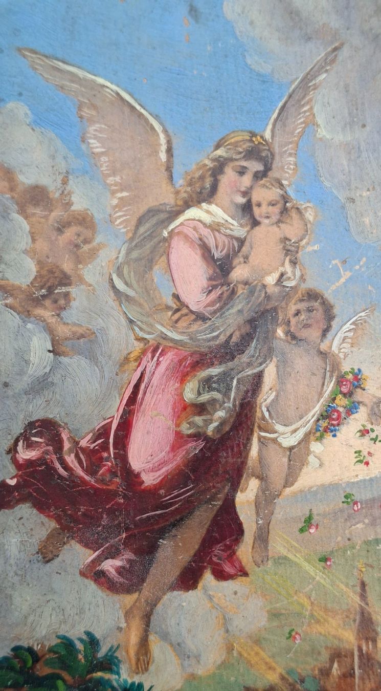 Dipinti: Antikes Schutz - Engel-Bild auf Holz, Kinder, Dorf, – Usato da Herisau venduto da Saentis1 1