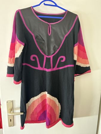 Women's black dress with a colorful pattern