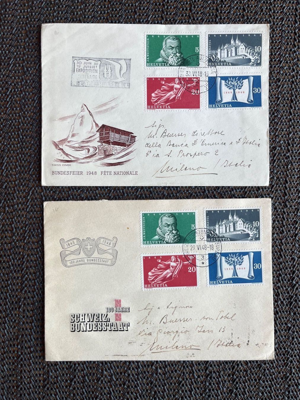Tutti i francobolli: 2 Enveloppes centenaire de la constitution 1948 – Usato da Châtel-St-Denis venduto da Vaillant1