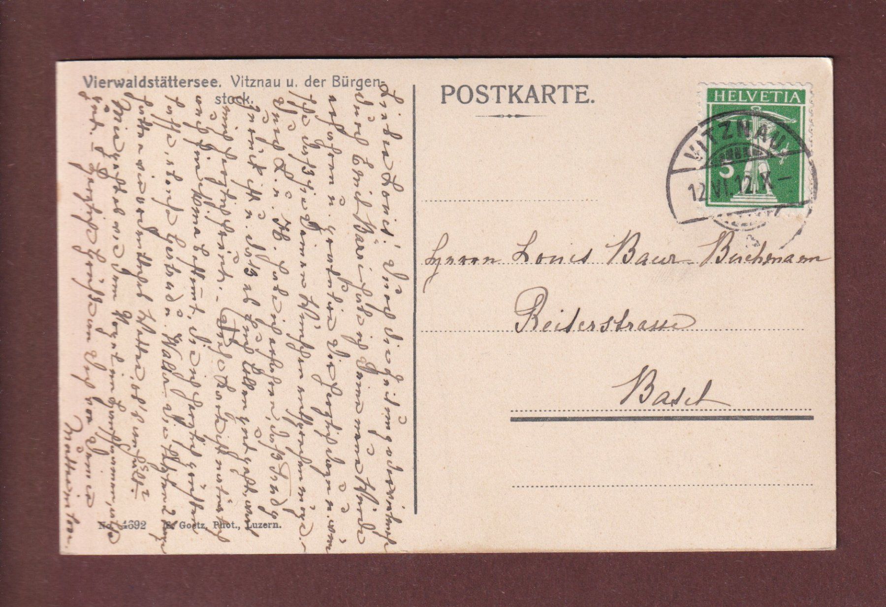 Cartoline postali: VITZNAU - Bürgenstock - 1912 – Usato da Pully venduto da nicecards-shop 1