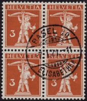 Viererblock 3 Rp. Tellknabe mit Zentrumstempel BASEL 10
