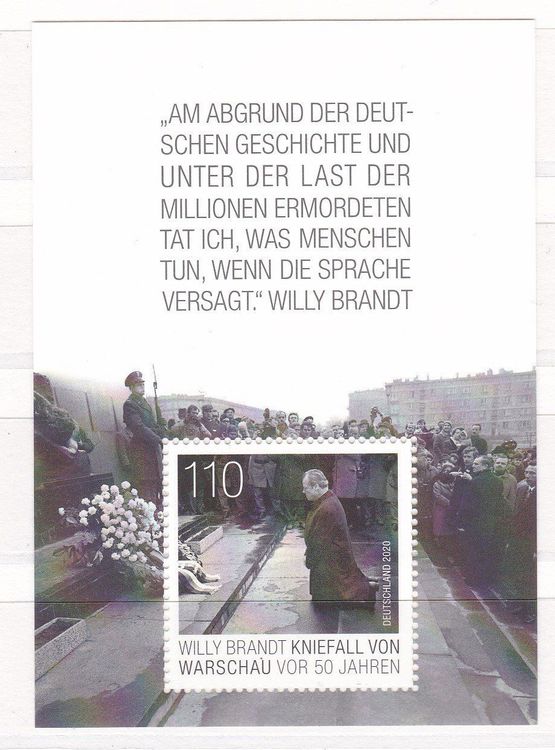 Prophila Collection BRD Block 87 – Briefmarke \"Willy Brandt – Kniefall Von Warschau\" 2020, Postfrisch MNH
