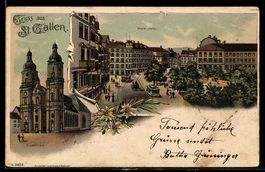Lithographie St. Gallen, Domkirche, Marktplatz mit Strassenb