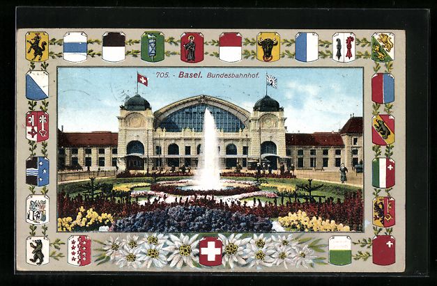 Cartoline postali: Basel, Bundesbahnhof, versch. Wappen der – Usato da Berlin venduto da bartko-reher