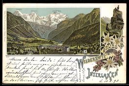 Lithographie Wilderswyl, Fernansicht mit Eiger, Mönch und Ju