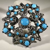 Broche fantaisie vintage 60s métal argentés cabochons verre