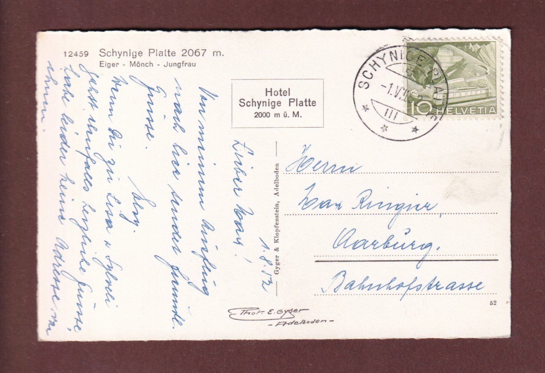 Cartoline postali: SCHYNIGE PLATTE - 1952 – Usato da Pully venduto da nicecards-shop 1
