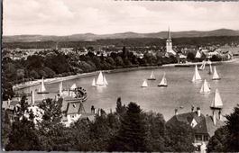 Alte AK Friedrichshafen Bodensee Segelboot, mit 10 Rp. Marke